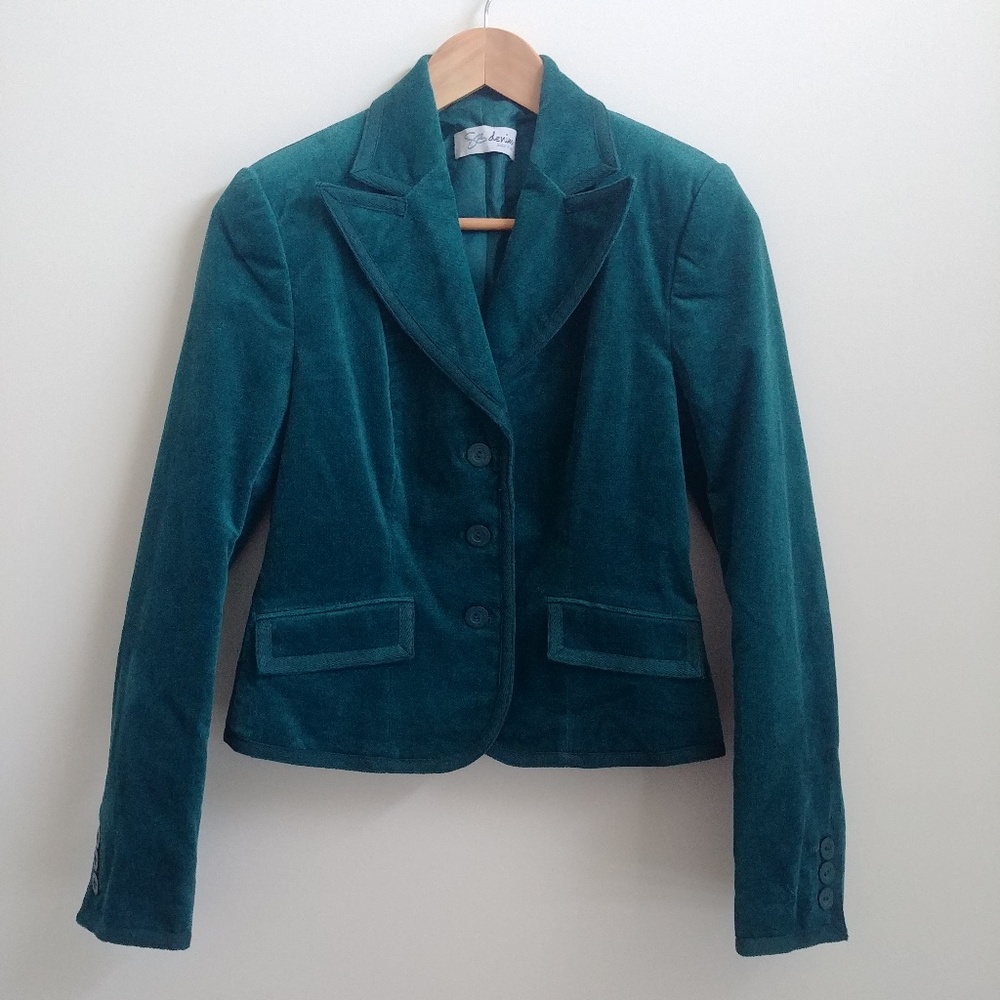 Y2K cotton velvet teal blue blazer jacket sharp lapels XS